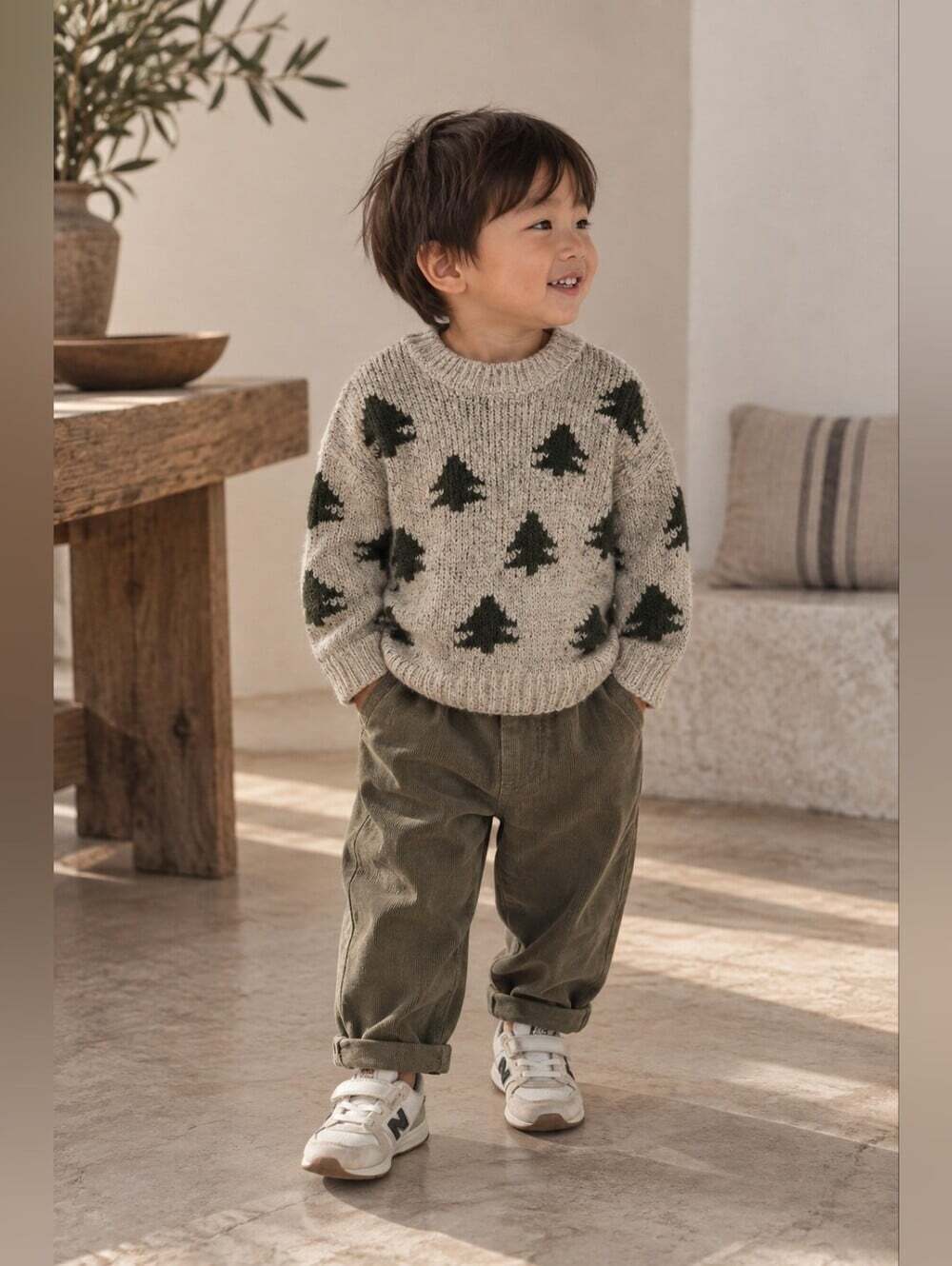 H&M Kids 18-24 Tree Print Chunky Knit Sweater Beige Mountaincore Cabin